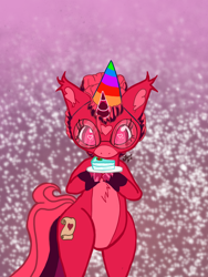 Size: 1620x2160 | Tagged: safe, artist:weegeepie-nightring, imported from derpibooru, oc, oc only, oc:venus red heart, pony, unicorn, bipedal, birthday, birthday cake, birthday gift, cake, chest fluff, cute, female, food, glasses, hat, mare, markings, party hat, plate, solo, unshorn fetlocks