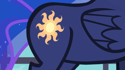 Size: 1920x1080 | Tagged: safe, imported from derpibooru, screencap, princess luna, alicorn, pony, a royal problem, season 7, 1080p, close-up, female, folded wings, mare, pictures of butts, solo, swapped cutie marks, wings