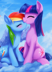 Size: 462x639 | Tagged: safe, imported from derpibooru, rainbow dash, twilight sparkle, pegasus, pony, unicorn, ai content, ai generated, cloud, duo, eyes closed, female, lesbian, missing horn, nuzzling, on a cloud, shipping, twidash, unicorn twilight