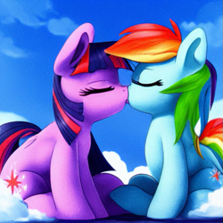 Size: 649x649 | Tagged: safe, imported from derpibooru, rainbow dash, twilight sparkle, pegasus, pony, unicorn, ai content, ai generated, cloud, duo, eyes closed, female, kissing, lesbian, missing horn, missing wing, on a cloud, shipping, sitting, sitting on a cloud, sky, twidash, unicorn twilight, wrong cutie mark