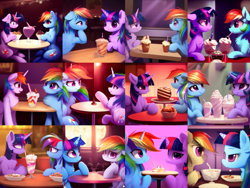 Size: 865x649 | Tagged: safe, imported from derpibooru, rainbow dash, twilight sparkle, alicorn, pegasus, pony, ai content, ai generated, cake, chest fluff, collage, duo, female, fluffy, food, ice cream, lesbian, looking at each other, looking at someone, looking at you, mare, milkshake, multiple variants, restaurant, shipping, sitting at table, table, twidash, twilight sparkle (alicorn)