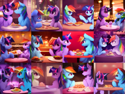 Size: 865x649 | Tagged: safe, imported from derpibooru, rainbow dash, twilight sparkle, alicorn, pegasus, pony, ai content, ai generated, chest fluff, duo, female, fluffy, lesbian, looking at each other, looking at someone, looking at you, mare, multiple variants, restaurant, shipping, sitting at table, table, twidash, twilight sparkle (alicorn)