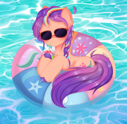 Size: 8000x7799 | Tagged: safe, artist:arwencuack, imported from derpibooru, sunny starscout, earth pony, pony, fanart, female, floaty, g5, glasses, my little pony: a new generation, solo, swimming pool