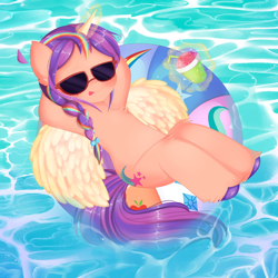 Size: 8000x8000 | Tagged: safe, artist:arwencuack, imported from derpibooru, sunny starscout, alicorn, pony, fanart, floaty, g5, glasses, my little pony: a new generation, race swap, solo, sunnycorn, swimming pool