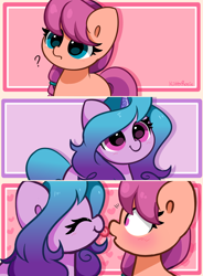 Size: 5184x7041 | Tagged: safe, artist:kittyrosie, imported from derpibooru, izzy moonbow, sunny starscout, earth pony, pony, unicorn, absurd resolution, blushing, cute, duo, female, g5, izzybetes, izzyscout, lesbian, licking, mare, mlem, nose licking, shipping, silly, sunnybetes, tongue out