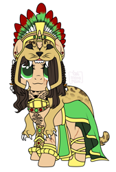 Size: 2033x3000 | Tagged: safe, artist:elberas, imported from derpibooru, oc, oc only, oc:marenalaxochi, big cat, jaguar (animal), pony, unicorn, :3, aztec, bracelet, clothes, ear piercing, earring, eye scar, facial scar, female, headdress, hoof shoes, jewelry, looking at you, mare, pelt, piercing, regalia, robe, scar, simple background, skirt, solo, tattoo, white background