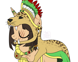 Size: 3742x3000 | Tagged: safe, artist:elberas, imported from derpibooru, oc, oc only, oc:marenalaxochi, big cat, jaguar (animal), pony, unicorn, aztec, bracelet, clothes, ear piercing, earring, eye scar, eyes closed, facial scar, feather, female, headdress, horn, horn ring, jewelry, mare, pelt, piercing, raised hoof, regalia, ring, robe, scar, simple background, skirt, solo, tattoo, white background