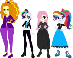 Size: 840x671 | Tagged: safe, artist:sturk-fontaine, imported from derpibooru, adagio dazzle, fluttershy, rainbow dash, rarity, human, equestria girls, 1950s rainbow dash, 50's fashion, alternate hairstyle, alternate universe, base used, breasts, busty adagio dazzle, child bearing hips, clothes, ear piercing, earring, female, fluttergoth, jewelry, lipstick, mamadagio, milf, older adagio dazzle, piercing, poodle skirt, punk, rainbow dash always dresses in style, raripunk, simple background, skirt, victorian dress, white background, wide hips