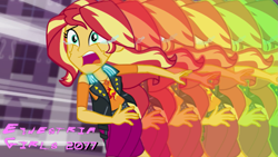 Size: 1919x1080 | Tagged: safe, edit, edited screencap, imported from derpibooru, screencap, sunset shimmer, human, equestria girls, equestria girls series, forgotten friendship, anime reference, colorful, crying, cyberpunk, cyberpunk 2077, parody, running, running away, sad, sandevistan, shitposting, solo