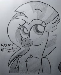 Size: 1946x2381 | Tagged: safe, artist:iceflower99, imported from derpibooru, silverstream, hippogriff, chest fluff, inktober, inktober 2022, monochrome, shoulder fluff, solo, traditional art