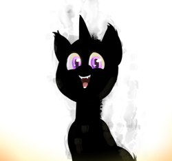 Size: 942x881 | Tagged: safe, artist:testostepone, imported from derpibooru, oc, oc:verlo streams, pony, unicorn, burned, fangs, happy, horn, no mane, no tail, purple eyes, simple background, smiling, smoke, solo, unicorn oc, white background