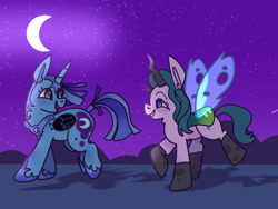 Size: 640x480 | Tagged: safe, artist:seven-coordinated-moths, imported from derpibooru, nightmare moon, queen chrysalis, starlight glimmer, trixie, clothes, costume, female, halloween, holiday, lesbian, looking at each other, looking at someone, moon, night, nightmare night, shipping, socks, stars, startrix