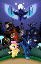 Size: 2650x4096 | Tagged: safe, artist:aleximusprime, imported from derpibooru, bray, princess luna, oc, oc:bellow, oc:bleat, oc:buttercream the dragon, oc:dagger, oc:nightwatch, oc:noctura, oc:nox, oc:oscura, oc:tenebris, alicorn, bat pony, bull, cobra, donkey, dragon, goat, pony, snake, unicorn, fanfic:my little sister is a dragon, flurry heart's story, baby, baby dragon, bat pony oc, beard, bell, bells, belt, bovine, brother and sister, brotherhood of grogar, bush, cloak, cloaked, clothes, cowboy hat, cult of eternal night, cultist, dragoness, evil grin, eyes closed, facial hair, fanfic, fanfic art, fanfic cover, fangs, female, flying, g1, g1 to g4, g4, generation leap, grin, hat, hood, hooded cape, horn, horns, knife, looking at each other, looking at someone, male, mare, mare in the moon, moon, mushroom, night, night sky, nightmare eyes, nose piercing, nose ring, oc villain, piercing, s1 luna, scarf, siblings, sky, smiling, stallion, stetson, unicorn oc, unshorn fetlocks