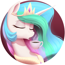 Size: 1750x1750 | Tagged: safe, artist:thebatfang, imported from derpibooru, princess celestia, alicorn, pony, bust, coffee, coffee cup, crown, cup, eyebrows, eyebrows visible through hair, eyes closed, female, food, g4, gradient background, jewelry, mare, regalia, simple background, solo, steam, tea, teacup, tiara, transparent background