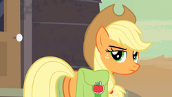 Size: 1920x1080 | Tagged: safe, imported from derpibooru, screencap, applejack, earth pony, pony, season 2, the last roundup, 1080p, applebutt, applejack is not amused, applejack's hat, bag, butt, cowboy hat, female, hat, i watch it for the plot, looking at you, mare, plot, saddle bag, solo, unamused