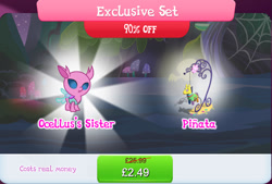 Size: 1272x860 | Tagged: safe, imported from derpibooru, axilla, changedling, changeling, nymph, baby, background changeling, bundle, costs real money, english, female, flower, gameloft, insect wings, my little pony: magic princess, numbers, official, piñata, sale, solo, solo focus, text, wings