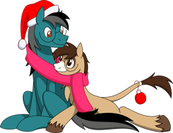 Size: 2791x2149 | Tagged: safe, artist:emc-blingds, imported from derpibooru, oc, oc only, earth pony, pony, bauble, christmas, clothes, duo, earth pony oc, glasses, hat, holiday, santa hat, scarf, shared clothing, shared scarf, simple background, smiling, transparent background, unshorn fetlocks