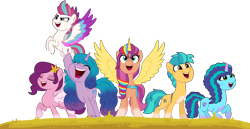 Size: 12712x6541 | Tagged: safe, artist:ejlightning007arts, imported from derpibooru, hitch trailblazer, izzy moonbow, pipp petals, sunny starscout, zipp storm, alicorn, earth pony, pegasus, pony, unicorn, spoiler:g5, alternate new mane six (g5), artificial horn, artificial wings, augmented, bag, base used, blaze (coat marking), bracelet, callback, coat markings, eyes closed, facial markings, female, flying, freckles, friendship bracelet, g4, g5, g5 to g4, generation leap, handbag, horn, jewelry, magic, magic horn, magic wings, male, mane five (g5), mare, misty brightdawn, misty joins the mane 5, multicolored hair, my little pony: a new generation, my little pony: make your mark, open mouth, open smile, race swap, rainbow hair, saddle bag, simple background, smiling, socks (coat markings), spread wings, stallion, sunnycorn, tiara, transparent background, wings