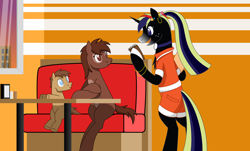 Size: 4958x2992 | Tagged: safe, artist:emc-blingds, imported from derpibooru, oc, oc only, oc:nightswift, pony, bipedal, colt, female, foal, hoof hold, indoors, male, mare, smiling, story included, trio, waitress