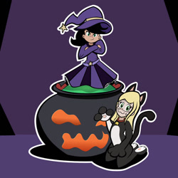 Size: 894x894 | Tagged: safe, artist:magerblutooth, imported from derpibooru, ocellus, smolder, human, animal costume, cat costume, cauldron, clothes, commission, costume, cute, halloween, halloween costume, humanized, ocelia, samantha, witch costume