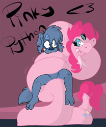 Size: 900x1082 | Tagged: safe, artist:omnifelpur, imported from derpibooru, pinkie pie, anthro, digitigrade anthro, python, snake, duo, eyelashes, scared, species swap, tongue out