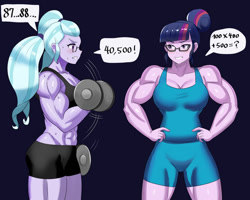 Size: 800x640 | Tagged: safe, artist:tzc, imported from derpibooru, sci-twi, sugarcoat, twilight sparkle, human, equestria girls, abs, buff, clothes, commission, dumbbell (object), duo, female, fetish, glasses, grin, leotard, math, muscle fetish, muscles, muscular female, sci-twi muscle, shorts, smiling, sports bra, sports shorts, supercoat, sweat, twilight muscle, weights