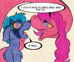 Size: 900x755 | Tagged: safe, artist:omnifelpur, imported from derpibooru, pinkie pie, oc, anthro, snake, dialogue, duo, female, hypno eyes, imminent vore, kaa eyes, open mouth, smiling, species swap, traditional art