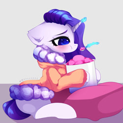 Size: 2000x2000 | Tagged: safe, artist:shavurrr, imported from derpibooru, rarity, pony, unicorn, blushing, clothes, comfort eating, eating, female, food, ice cream, magic, mare, robe, simple background, solo, spoon, telekinesis