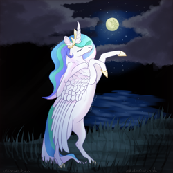 Size: 640x640 | Tagged: safe, artist:kokorokinda, imported from derpibooru, princess celestia, alicorn, alternate versions at source, cloud, colored hooves, crown, ethereal mane, female, grass, jewelry, lake, mare, mare in the moon, moon, night, reddit, regalia, solo, solo female, stars, water