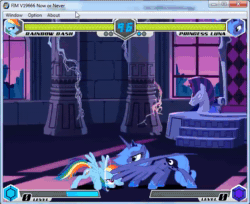 Size: 588x480 | Tagged: safe, imported from derpibooru, princess luna, rainbow dash, alicorn, pegasus, pony, fighting is magic, animated, castle of the royal pony sisters, fight, no sound, rearing, sunglasses, webm