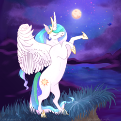 Size: 640x640 | Tagged: safe, alternate version, artist:kokorokinda, imported from derpibooru, princess celestia, alicorn, alternate versions at source, cloud, colored hooves, crown, ethereal mane, female, grass, jewelry, lake, mare, moon, night, reddit, regalia, solo, solo female, stars, water