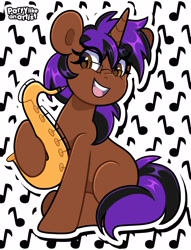 Size: 3057x4000 | Tagged: safe, artist:partylikeanartist, imported from derpibooru, oc, oc only, pony, unicorn, digital art, eyelashes, female, full body, glasses, hoof hold, horn, looking back, mare, musical instrument, open mouth, open smile, saxophone, sitting, smiling, solo