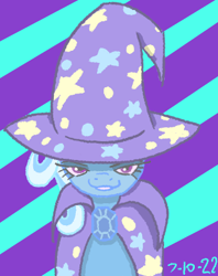 Size: 328x414 | Tagged: safe, artist:gatersmoke420, imported from derpibooru, trixie, pony, unicorn, cape, clothes, grin, hat, smiling, solo, trixie's cape, trixie's hat