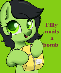 Size: 2730x3258 | Tagged: safe, artist:dumbwoofer, imported from derpibooru, oc, oc:filly anon, earth pony, pony, bomb, ear fluff, female, filly, foal, implied violence, looking at you, mail, open mouth, package, simple background, smiling, smiling at you, solo, string, text, weapon