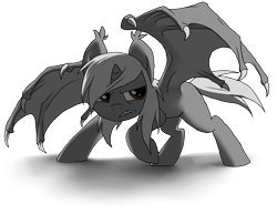 Size: 792x612 | Tagged: safe, artist:wingedwolf94, oc, oc only, oc:ryo disk, bat pony, unicorn, angry, bat ponified, race swap, shadow, sharp teeth, simple background, teeth, transparent background