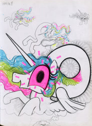 Size: 3000x4108 | Tagged: safe, artist:ja0822ck, imported from derpibooru, princess celestia, princess luna, dead pose, long neck, princess necklestia, sleeping, traditional art