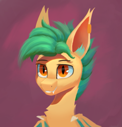 Size: 919x963 | Tagged: safe, artist:gouransion, imported from derpibooru, oc, oc:stern, bat pony, bust, chest fluff, digital art, ear fluff, ear piercing, earring, fangs, jewelry, looking at you, male, piercing, portrait, simple background, smiling, smiling at you, stallion, wings