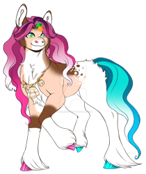 Size: 1280x1525 | Tagged: safe, artist:malinraf1615, imported from derpibooru, oc, oc only, earth pony, pony, barrette, chest fluff, digital art, ear fluff, female, food, full body, green eyes, hooves, jewelry, looking back, mare, necklace, offspring, parent:hitch trailblazer, parent:sunny starscout, parents:sunnyhitch, pineapple, shell, simple background, smiling, solo, tail, transparent background, unshorn fetlocks