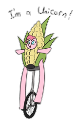 Size: 1080x1664 | Tagged: safe, artist:happy harvey, imported from derpibooru, pinkie pie, earth pony, pony, unicorn, corn, dialogue, drawn on phone, drawthread, female, food, long legs, mare, no pupils, open mouth, pun, riding, simple background, smiling, transparent background, unicycle