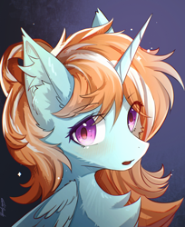 Size: 1888x2315 | Tagged: safe, imported from derpibooru, oc, oc only, oc:p.p.a, alicorn, blushing, bust, chest fluff, cute, dark background, digital art, ear fluff, eyelashes, female, horn, looking at you, mare, open mouth, portrait, purple eyes, simple background, sparkles, wings