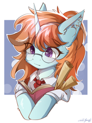 Size: 2048x2732 | Tagged: safe, imported from derpibooru, oc, oc only, oc:p.p.a, alicorn, pony, blushing, book, bundle, clothes, digital art, ear fluff, eyelashes, female, glasses, half body, horn, looking back, mare, necktie, paper, purple eyes, reading, scroll, shirt, simple background, vest