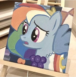 Size: 640x642 | Tagged: safe, artist:miakikiii, imported from derpibooru, rainbow dash, pegasus, the best night ever, clothes, dress, female, mare, painting, reddit, show accurate, solo, solo female