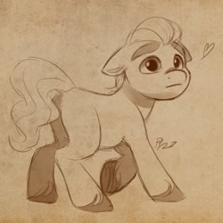 Size: 2048x2048 | Tagged: safe, artist:artharuhi, imported from derpibooru, sprout cloverleaf, earth pony, pony, butt, cute, floppy ears, g5, heart, looking at something, male, plot, raised hoof, sketch, solo, sproutbetes, stallion