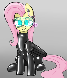 Size: 1200x1400 | Tagged: safe, alternate version, artist:anonymous, imported from twibooru, fluttershy, pegasus, pony, :3, blue eyes, bondage, earpiece, encasement, female, gradient background, gray background, hypno eyes, hypnogear, hypnosis, hypnotized, image, latex, latex suit, lidded eyes, looking at you, mare, pink mane, pink tail, png, simple background, sitting, smiling, solo, solo female, swirly eyes, wings, yellow coat