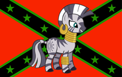 Size: 1000x635 | Tagged: artist needed, safe, imported from ponybooru, zecora, pony, confederate flag, ear piercing, earring, female, jewelry, mare, nusouth, piercing, smiling, solo