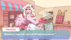 Size: 1920x1080 | Tagged: safe, artist:eggoatt, imported from twibooru, oc, oc only, oc:hanalea, anthro, pegasus, apron, bakery, clothes, dating sim, eyes closed, female, food, happy, image, naked apron, open mouth, png, solo