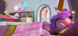 Size: 897x421 | Tagged: safe, imported from derpibooru, screencap, pipp petals, zipp storm, spoiler:g5, spoiler:my little pony: make your mark chapter 2, spoiler:myms01e08, bed, blanket, g5, have you seen this dragon?, morning, my little pony: make your mark, my little pony: make your mark chapter 2, open mouth, pillow, sleep mask, sleeping, sleepy, snoring