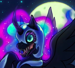 Size: 1440x1307 | Tagged: safe, artist:vesqaxx, imported from derpibooru, nightmare moon, alicorn, pony, fangs, horn, moon, raised hoof, sharp teeth, solo, stars, teeth, wings