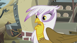 Size: 1920x1080 | Tagged: safe, imported from twibooru, screencap, gilda, griffon, season 5, the lost treasure of griffonstone, book, bookshelf, cart, finger on mouth, folded wings, griffonstone, hand on chin, image, looking at someone, outdoors, oven, png, pondering, solo, spider web, statue, straw, thinking, wings