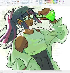 Size: 1114x1158 | Tagged: safe, artist:kirbscuit, imported from derpibooru, sci-twi, twilight sparkle, human, clothes, dark skin, glasses, humanized, lab coat, looking at you, ms paint, pencil, ponytail, science, simple background, skirt, smiling, sweat, tanktop, white background